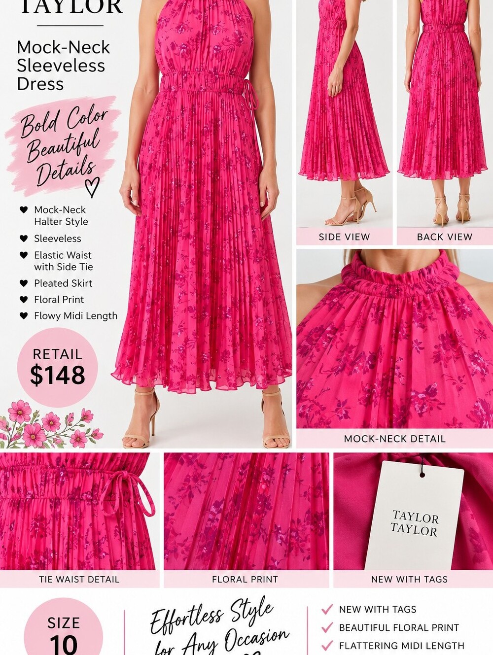 Taylor Hot Pink Floral Pleated Midi Dress
